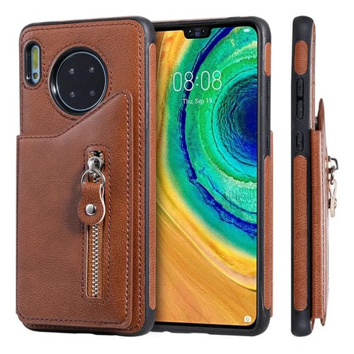Para Huawei Mate 30 Color sólido Double - Button Zipper Funda protectora a prueba de golpes (marrón)