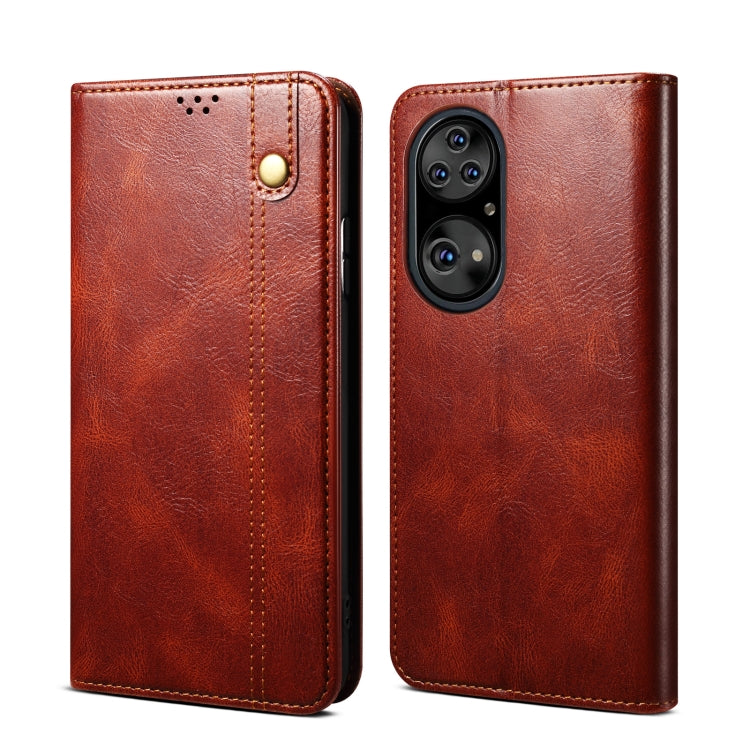 Para Huawei P50 Simple Wax Crazy Horse Texture Horizontal Flip Funda de cuero con ranuras y soporte para tarjetas (marrón)