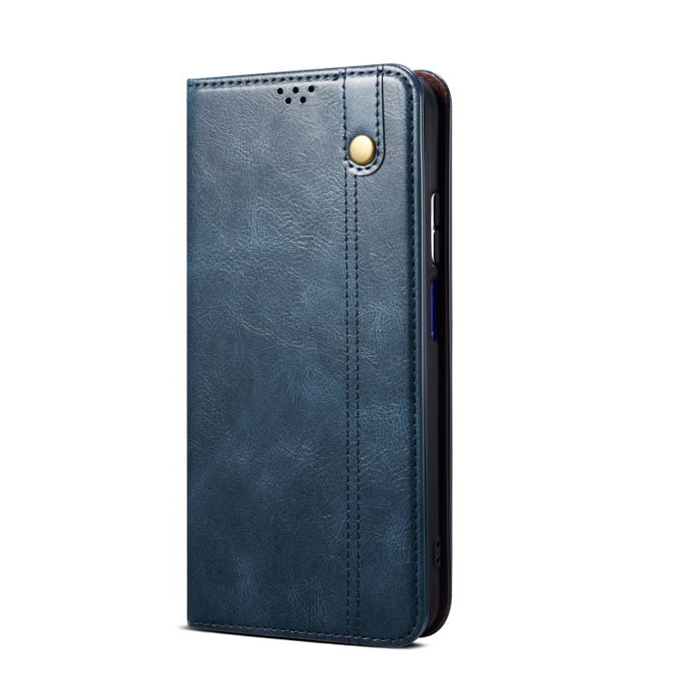 Para Huawei P50 Pro Simple Wax Crazy Horse Texture Horizontal Flip Funda de cuero con ranuras y soporte de tarjetas (azul marino)