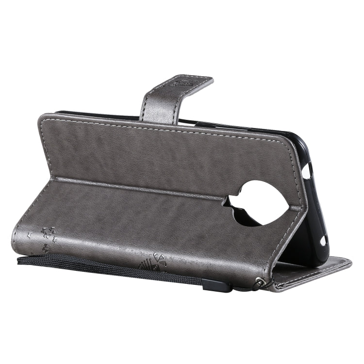 Para Nokia 6.3 Patrón de árbol y gato Impresión prensada Funda de cuero Horizontal Flip PU con soporte y tragamonedas y billetera y cordón (gris)