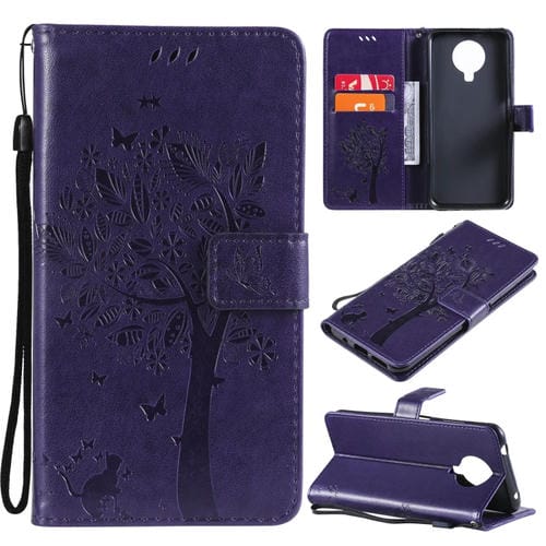 Para Nokia 6.3 Patrón de árbol y gato Impresión prensada Funda de cuero de la PU de la PU con el soporte y las ranuras y la cartera y el cordón (púrpura)