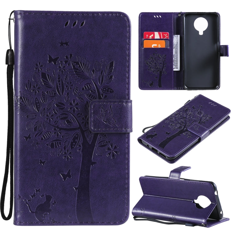 Para Nokia 6.3 Patrón de árbol y gato Impresión prensada Funda de cuero de la PU de la PU con el soporte y las ranuras y la cartera y el cordón (púrpura)