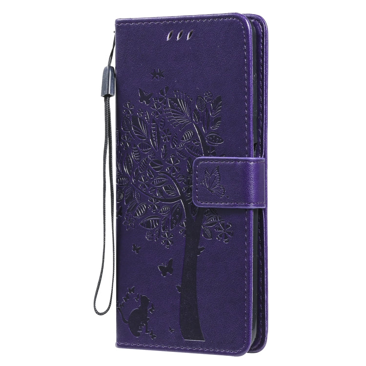Para Nokia 6.3 Patrón de árbol y gato Impresión prensada Funda de cuero de la PU de la PU con el soporte y las ranuras y la cartera y el cordón (púrpura)