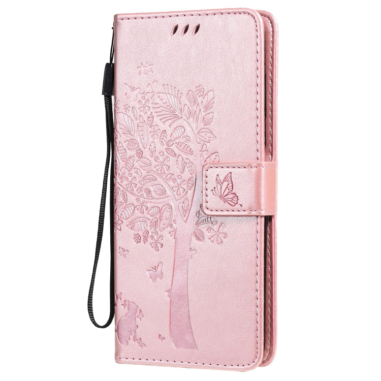 Para Nokia 6.3 Patrón de árbol y gato Impresión prensada Funda de cuero Horizontal Flip PU con soporte y tragamonedas de tarjetas y billetera y cordón (oro rosa)
