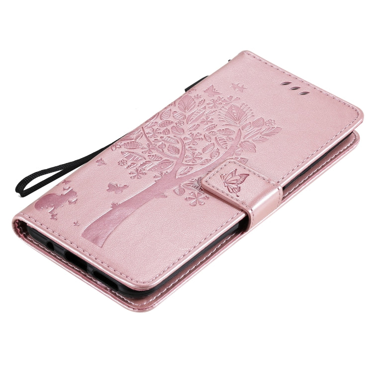 Para Nokia 6.3 Patrón de árbol y gato Impresión prensada Funda de cuero Horizontal Flip PU con soporte y tragamonedas de tarjetas y billetera y cordón (oro rosa)