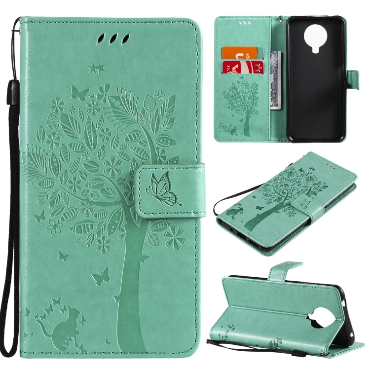Para Nokia 6.3 Patrón de árbol y gato Impresión prensada Funda de cuero Horizontal Flip PU con soporte y ranuras para tarjetas y billetera y cordón (verde)