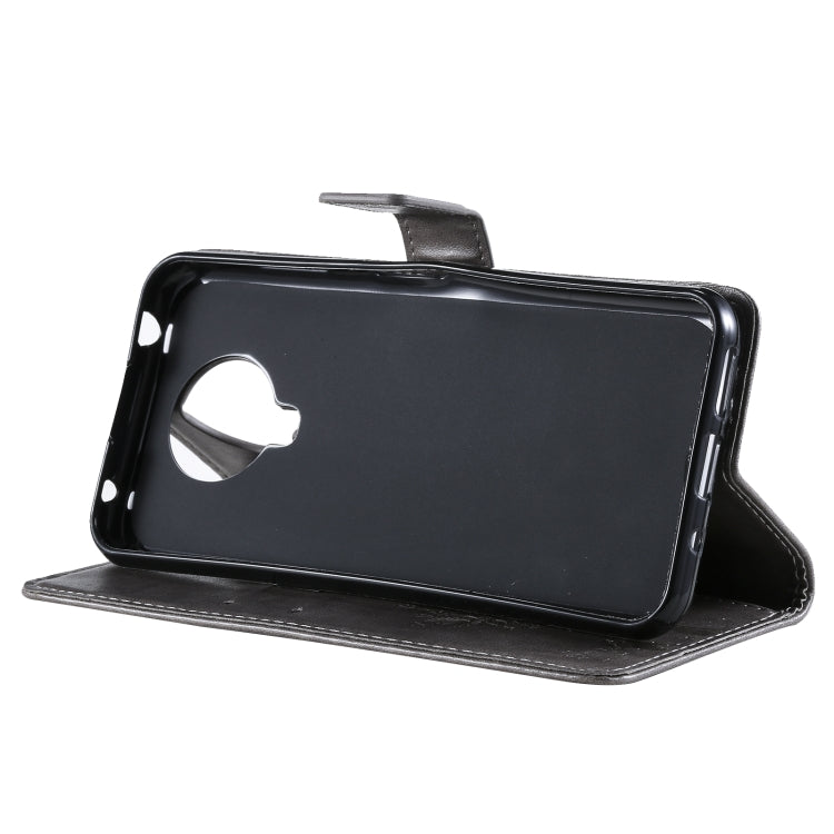 Para Nokia G10 Árbol y patrón de gato Impresión prensada Funda de cuero Horizontal Flip PU con soporte y tragamonedas y billetera y cordón (gris)