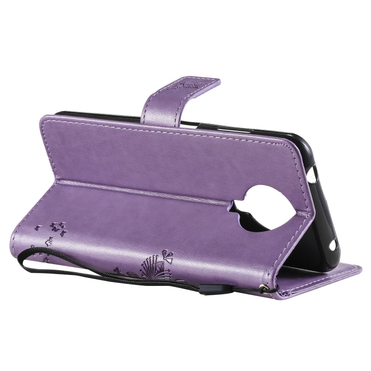Para Nokia G10 Tree & Cat Pattern Presión prensada Funda de cuero Horizontal Flip PU con soporte y ranuras para tarjetas y Billetera y cordón (lavanda)