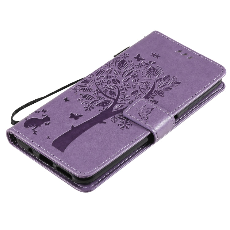 Para Nokia G10 Tree & Cat Pattern Presión prensada Funda de cuero Horizontal Flip PU con soporte y ranuras para tarjetas y Billetera y cordón (lavanda)