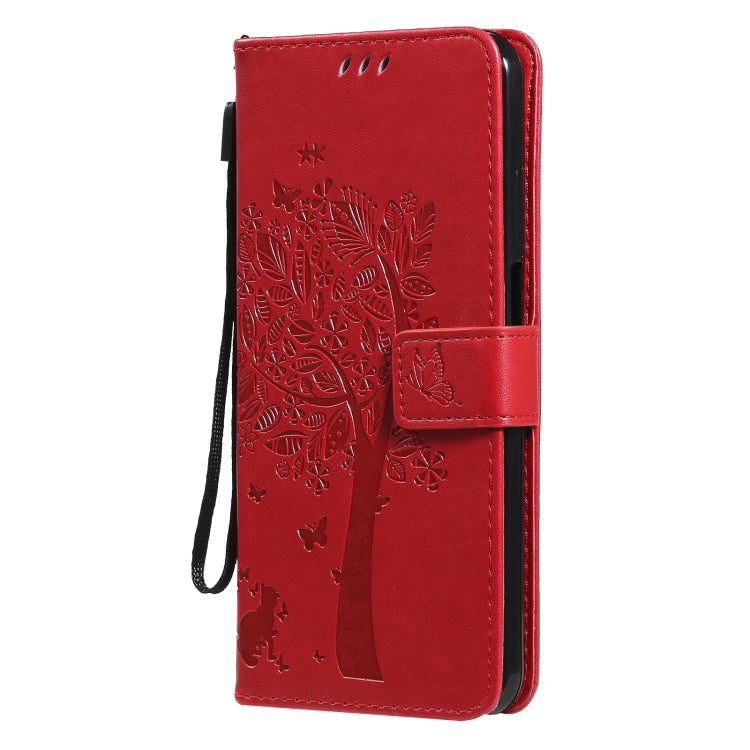 Para NOKIA X10 Árbol y gato Patrón de impresión prensada Funda de cuero PU de la PU con soporte y ranuras para tarjetas y cordón (rojo)