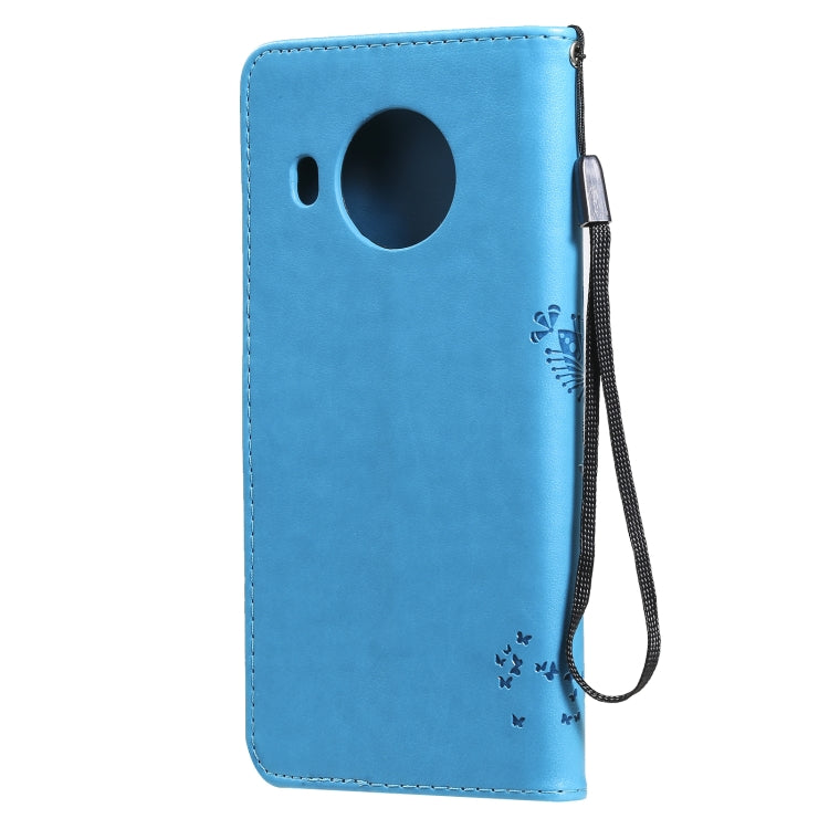Para Nokia X10 Árbol y gato Patrón de impresión prensado Funda de cuero PU de la PU con soporte y ranuras para tarjetas y cordón (azul)