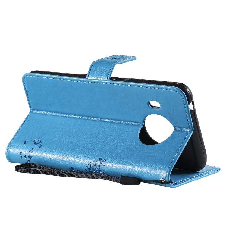 Para Nokia X10 Árbol y gato Patrón de impresión prensado Funda de cuero PU de la PU con soporte y ranuras para tarjetas y cordón (azul)