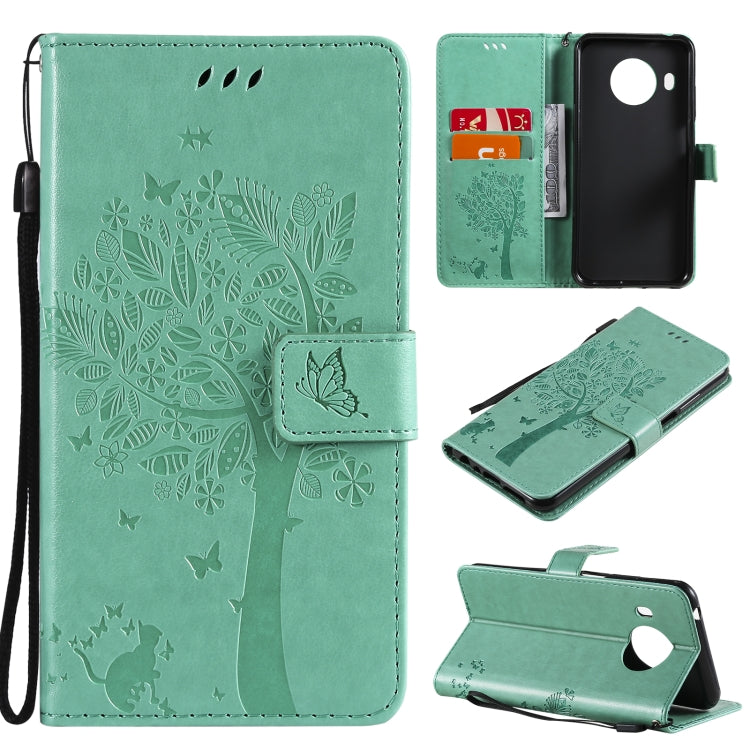 Para Nokia X10 Árbol y gato Patrón de impresión prensada Funda de cuero PU de la PU con soporte y tragamonedas y billetera y cordón (verde)