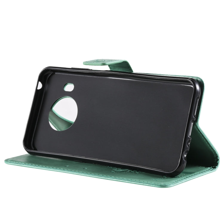 Para Nokia X10 Árbol y gato Patrón de impresión prensada Funda de cuero PU de la PU con soporte y tragamonedas y billetera y cordón (verde)