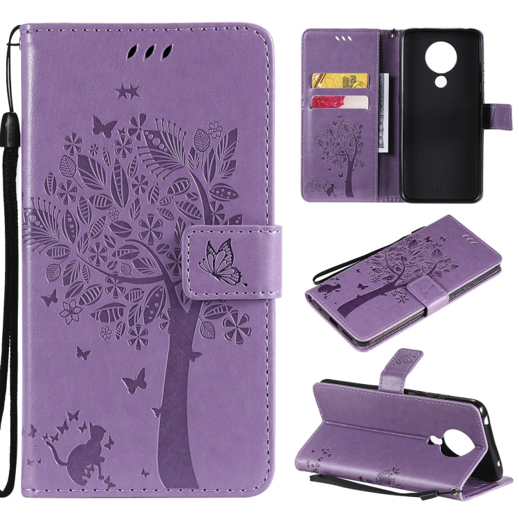 Para Nokia 5.3 Patrón de árbol y gato Impresión prensada Funda de cuero Horizontal Flip PU con soporte y ranuras para tarjetas y billetera y cordón (lavanda)