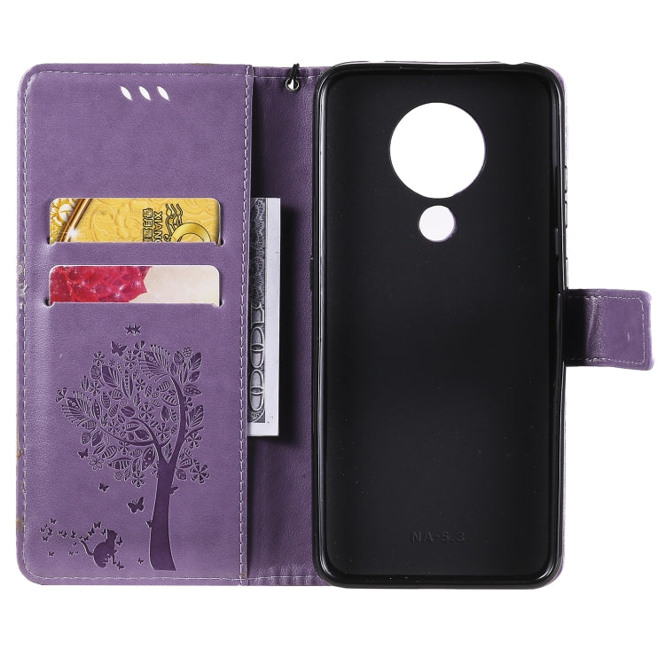 Para Nokia 5.3 Patrón de árbol y gato Impresión prensada Funda de cuero Horizontal Flip PU con soporte y ranuras para tarjetas y billetera y cordón (lavanda)