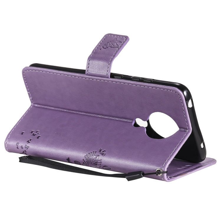 Para Nokia 5.3 Patrón de árbol y gato Impresión prensada Funda de cuero Horizontal Flip PU con soporte y ranuras para tarjetas y billetera y cordón (lavanda)