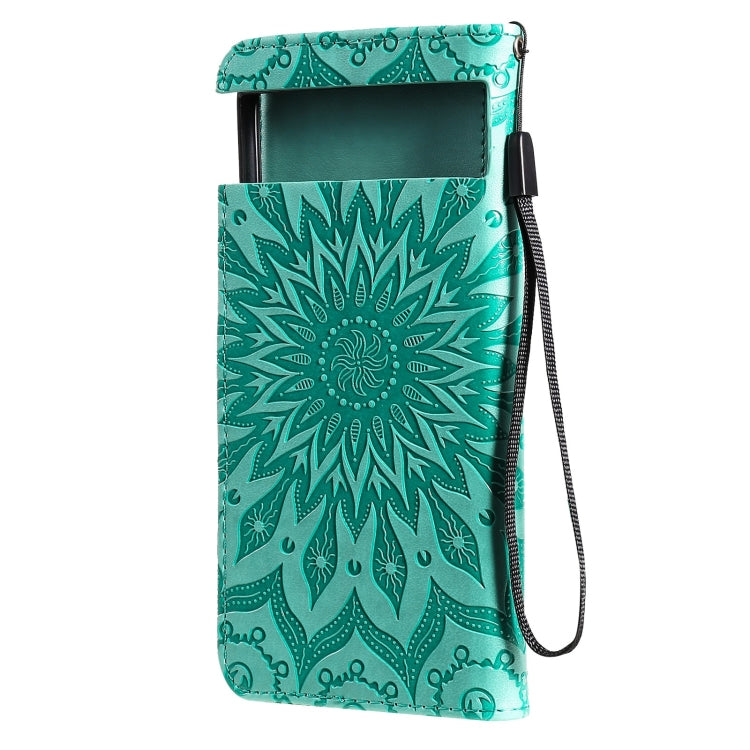 Para Google Pixel 6 Pro Sun Sun Pattern Horizontal Flip Funda de cuero con ranura para tarjeta y soporte y cartera y cordón (verde)
