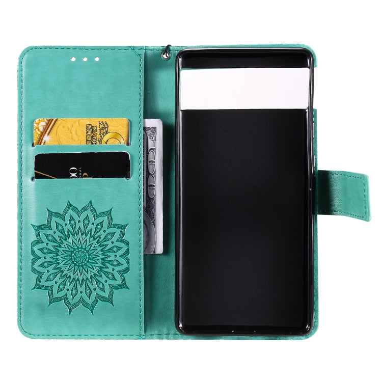 Para Google Pixel 6 Pro Sun Sun Pattern Horizontal Flip Funda de cuero con ranura para tarjeta y soporte y cartera y cordón (verde)