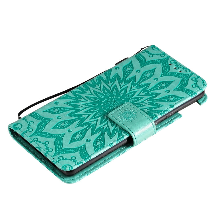Para Google Pixel 6 Pro Sun Sun Pattern Horizontal Flip Funda de cuero con ranura para tarjeta y soporte y cartera y cordón (verde)
