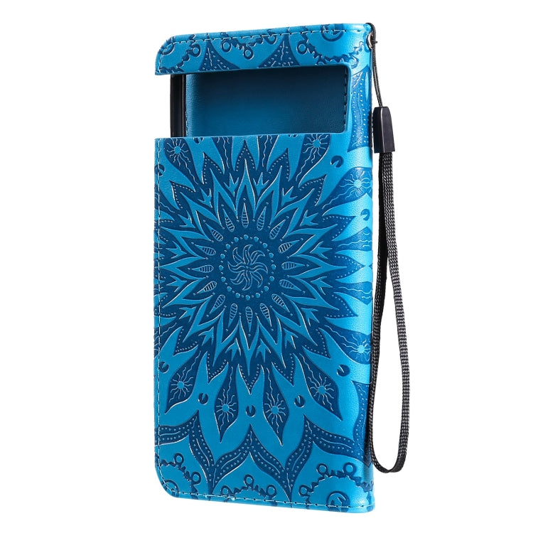 Para Google Pixel 6 Pro Sun Sun Pattern Horizontal Flip Funda de cuero con la ranura para la tarjeta y el soporte y la billetera y el cordón (azul)