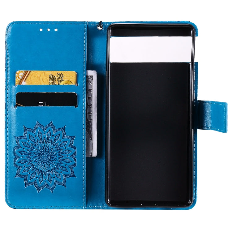 Para Google Pixel 6 Pro Sun Sun Pattern Horizontal Flip Funda de cuero con la ranura para la tarjeta y el soporte y la billetera y el cordón (azul)