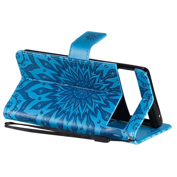 Para Google Pixel 6 Pro Sun Sun Pattern Horizontal Flip Funda de cuero con la ranura para la tarjeta y el soporte y la billetera y el cordón (azul)