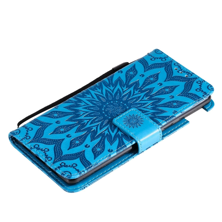 Para Google Pixel 6 Pro Sun Sun Pattern Horizontal Flip Funda de cuero con la ranura para la tarjeta y el soporte y la billetera y el cordón (azul)