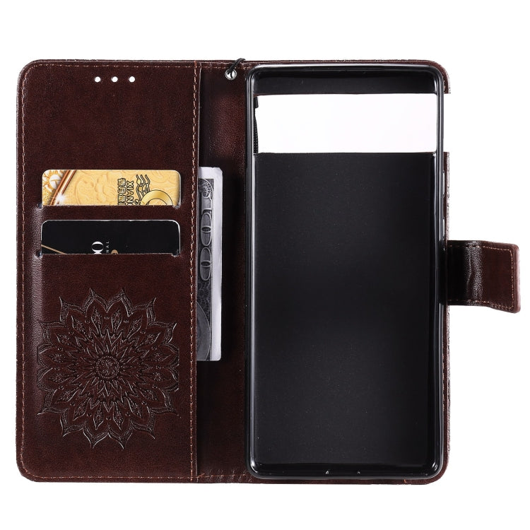 Para Google Pixel 6 Pro Sun Sun Pattern Horizontal Flip Funda de cuero con ranura para tarjeta y soporte y cartera y cordón (Marrón)