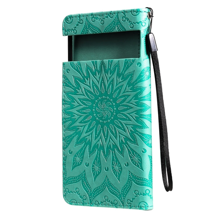 Para Google Pixel 6 Sun Pattern Horizontal Flip Funda de cuero con ranura para tarjeta y soporte y billetera y cordón (verde)