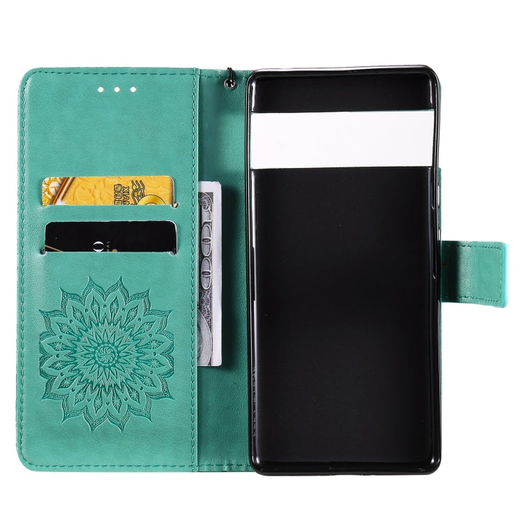 Para Google Pixel 6 Sun Pattern Horizontal Flip Funda de cuero con ranura para tarjeta y soporte y billetera y cordón (verde)