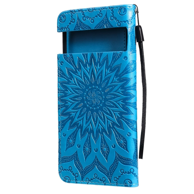Para Google Pixel 6 Sun Pattern Horizontal Flip Funda de cuero con ranura para tarjeta y soporte y cartera y cordón (azul)