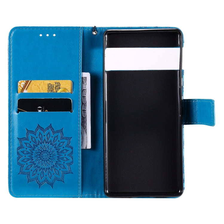 Para Google Pixel 6 Sun Pattern Horizontal Flip Funda de cuero con ranura para tarjeta y soporte y cartera y cordón (azul)