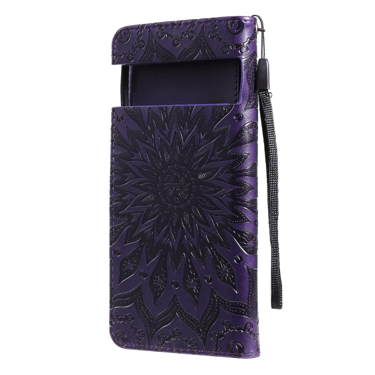 Para Google Pixel 6 Sun Pattern Horizontal Flip Funda de cuero con Tarjeta Slot & Soporte & Wallet & Lanyard (Púrpura)