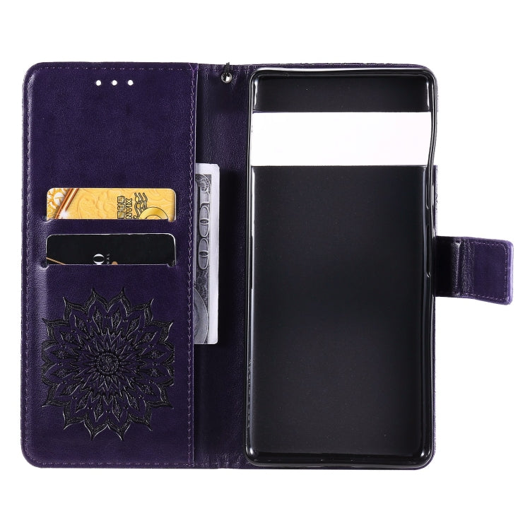 Para Google Pixel 6 Sun Pattern Horizontal Flip Funda de cuero con Tarjeta Slot & Soporte & Wallet & Lanyard (Púrpura)