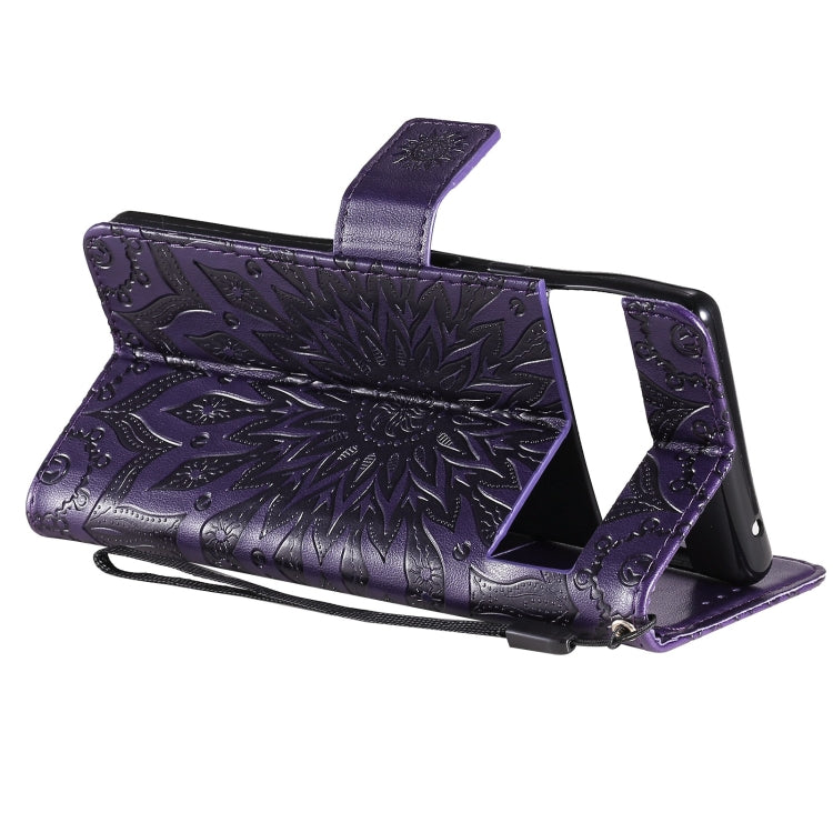 Para Google Pixel 6 Sun Pattern Horizontal Flip Funda de cuero con Tarjeta Slot & Soporte & Wallet & Lanyard (Púrpura)