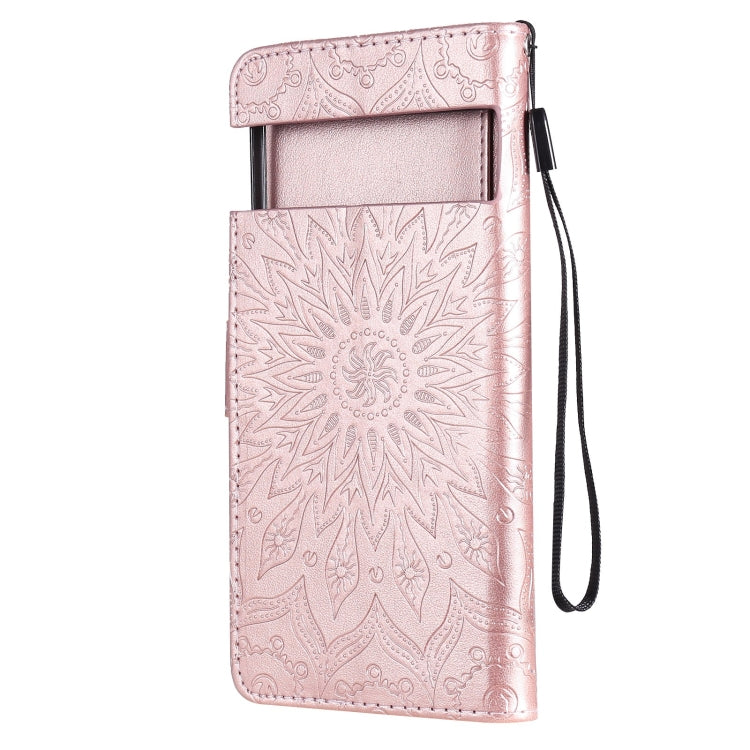 Para Google Pixel 6 Sun Pattern Horizontal Flip Funda de cuero con ranura para tarjeta y soporte y cartera y cordón (oro rosa)