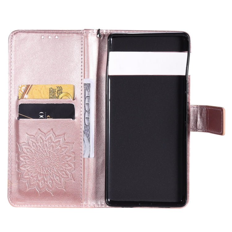 Para Google Pixel 6 Sun Pattern Horizontal Flip Funda de cuero con ranura para tarjeta y soporte y cartera y cordón (oro rosa)