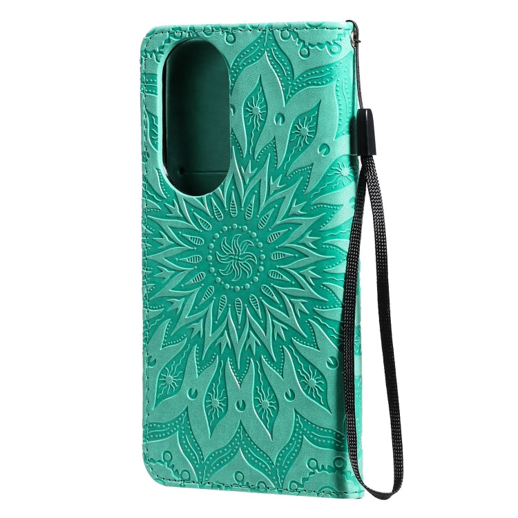 Para Huawei P50 Sun Pattern Horizontal Flip Funda de cuero con ranura para tarjeta y soporte y billetera y cordón (verde)