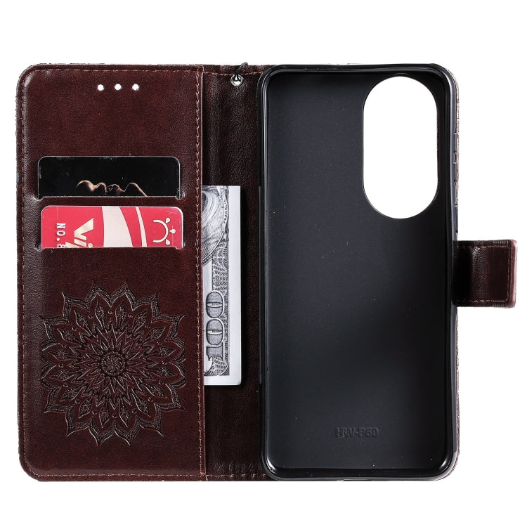 Para Huawei P50 Sun Pattern Horizontal Flip Funda de cuero con ranura para tarjeta y soporte y billetera y cordón (marrón)