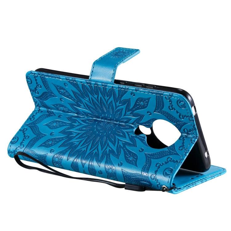 Para Nokia 5.3 Sun Pattern Horizontal Flip Funda de cuero con ranura para tarjeta y soporte y billetera y cordón (azul)