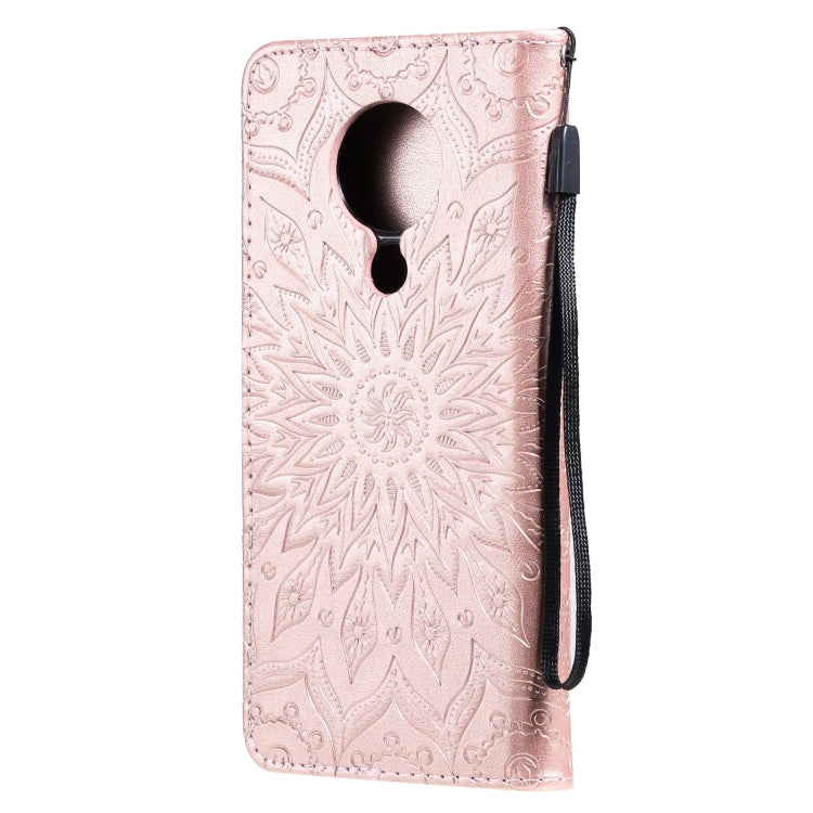 Para Nokia 5.3 Patrón de estampado en estampado de sol Horizontal Flip Funda con ranura para tarjeta y soporte y cartera y cordón (oro rosa)