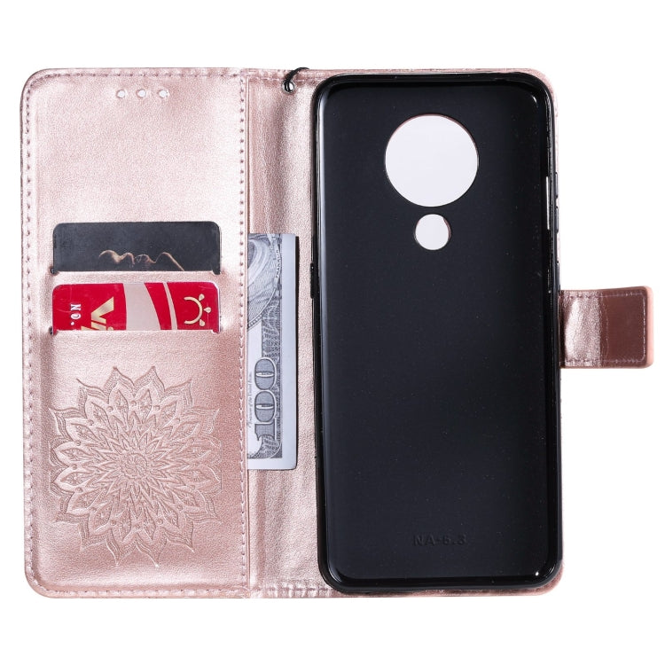 Para Nokia 5.3 Patrón de estampado en estampado de sol Horizontal Flip Funda con ranura para tarjeta y soporte y cartera y cordón (oro rosa)