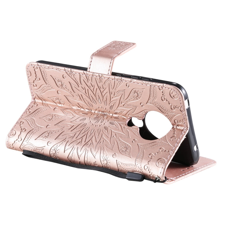 Para Nokia 5.3 Patrón de estampado en estampado de sol Horizontal Flip Funda con ranura para tarjeta y soporte y cartera y cordón (oro rosa)