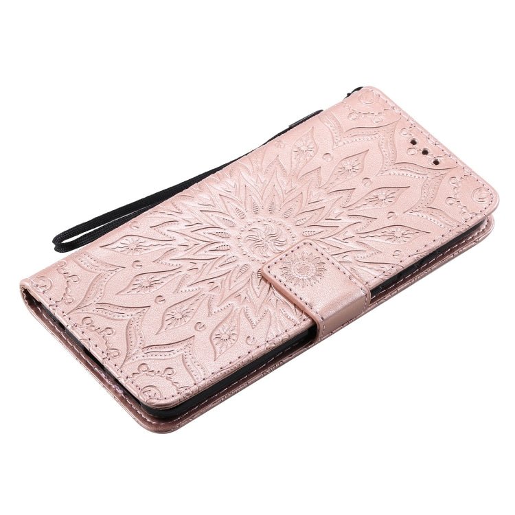Para Nokia 5.3 Patrón de estampado en estampado de sol Horizontal Flip Funda con ranura para tarjeta y soporte y cartera y cordón (oro rosa)