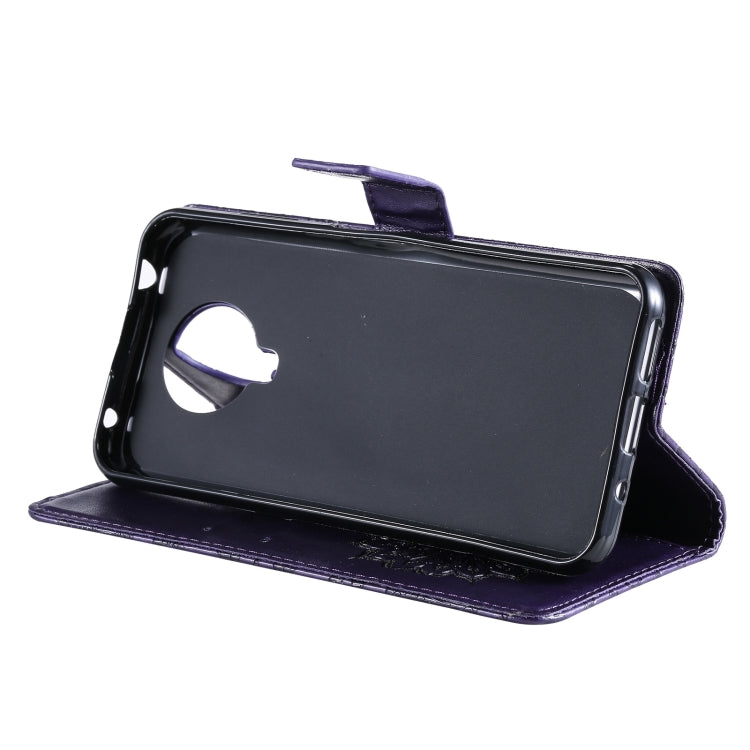 Para Nokia 6.3 / G20 / G10 Patrón de estampado en relieve Horizontal Flip Funda de cuero con ranura para tarjeta y soporte y billetera y cordón (púrpura)
