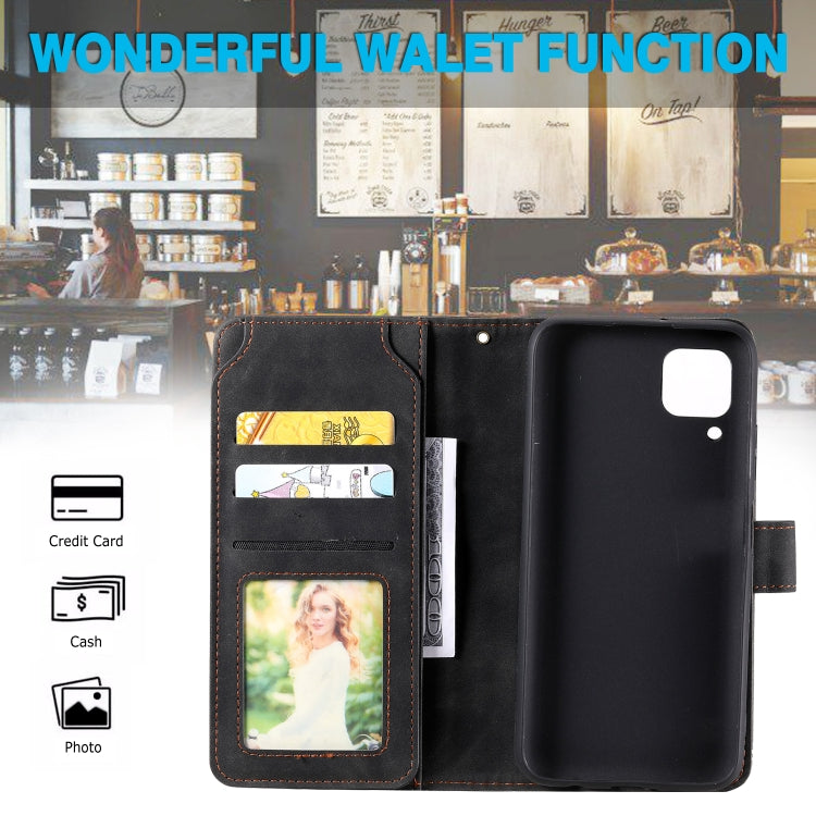Para Huawei P40 Lite Siente la piel de la piel de la piel de la piel Horizontal Flip PU Funda con soporte y tragamonedas de tarjetas múltiples y billetera y lanyard y marco de fotos (negro)