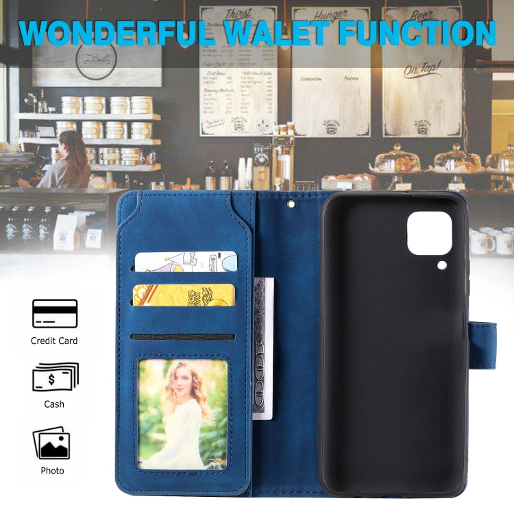 Para Huawei P40 Lite Sientir la piel de la piel Horizontal Flip PU Funda de cuero con soporte y tragamonedas de tarjetas múltiples y billetera y lanyard y marco de fotos (azul)