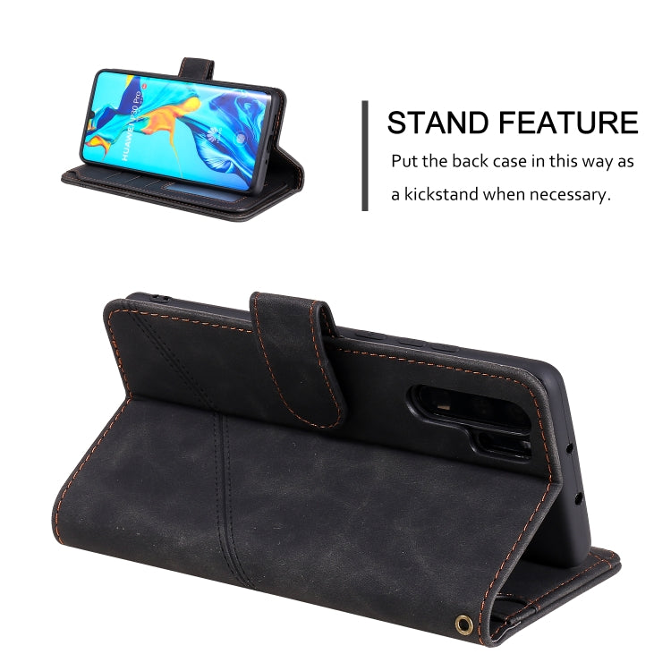 Para HUAWEI P30 PRO PIEL Siente la funda de cuero Horizontal Flip PU con soporte y tragamonedas de tarjetas múltiples y billetera y laminador y marco de fotos (negro)