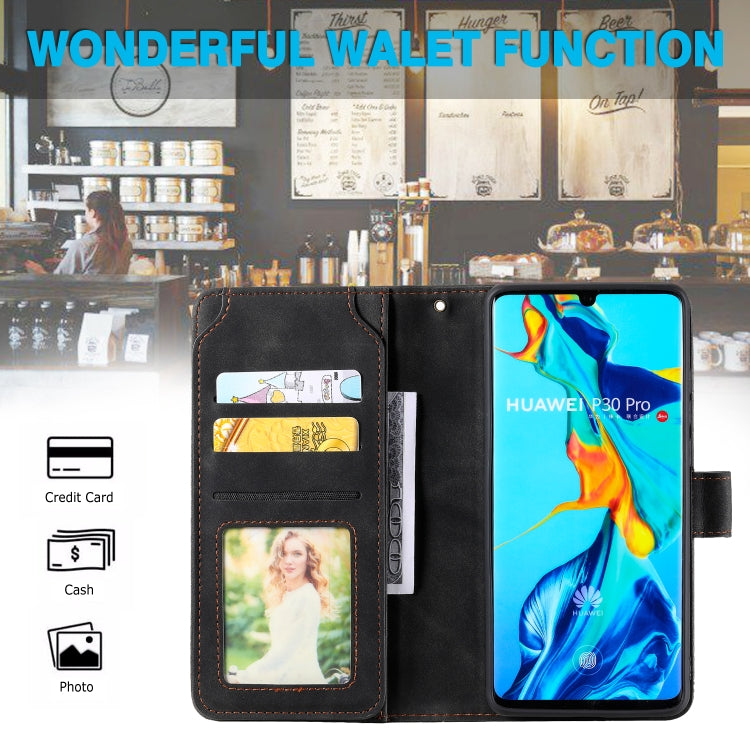Para HUAWEI P30 PRO PIEL Siente la funda de cuero Horizontal Flip PU con soporte y tragamonedas de tarjetas múltiples y billetera y laminador y marco de fotos (negro)